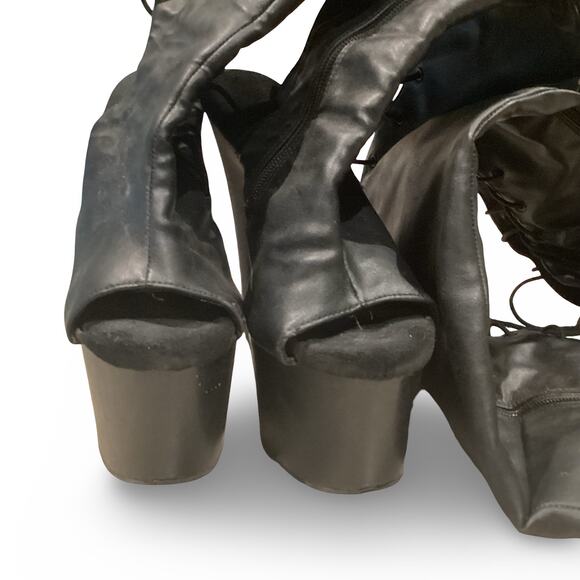 Thigh High Laceup Back Peep Toe Platform Boots - Picture 3 of 11